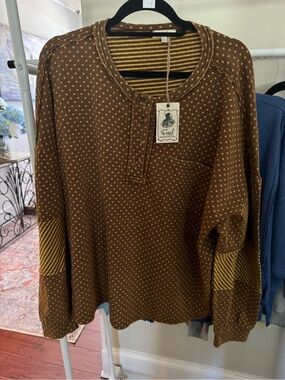easel Brown and Mustard Striped Henley Pullover